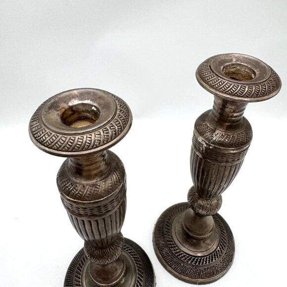 Vintage Set of 2 Silverplate Pillar Candle Sticks Made in India holders - Picture 5 of 9